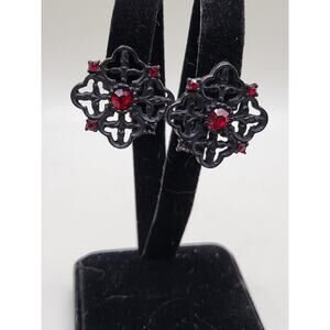 Vintage Black Gothic Filigree Earrings Red Rhinestones Victorian Revival